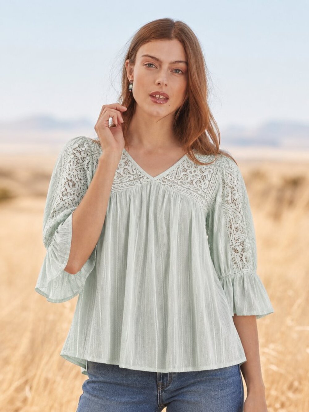 BLUE TASSEL: Lace Top with Bell Sleeve Details
